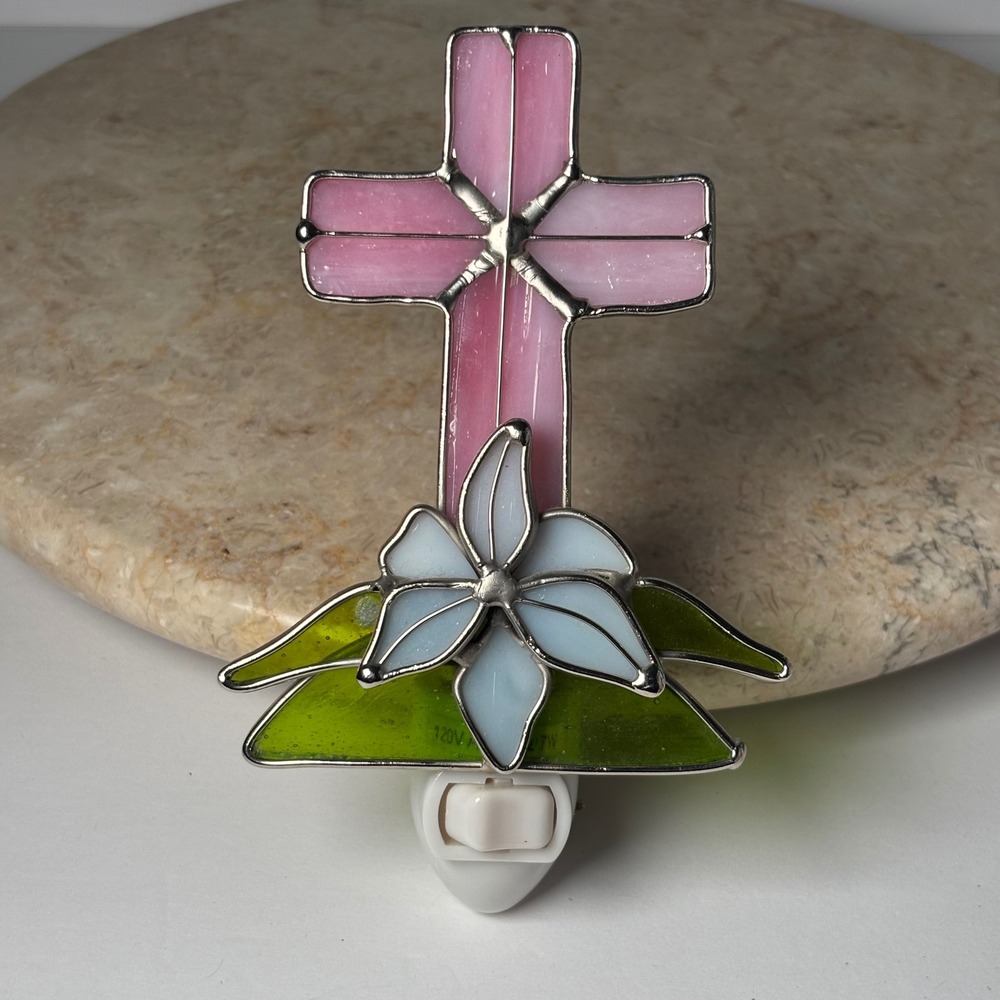 Vintage Stained Glass Night Light 6in Pink Cross White Lily Religious Decor